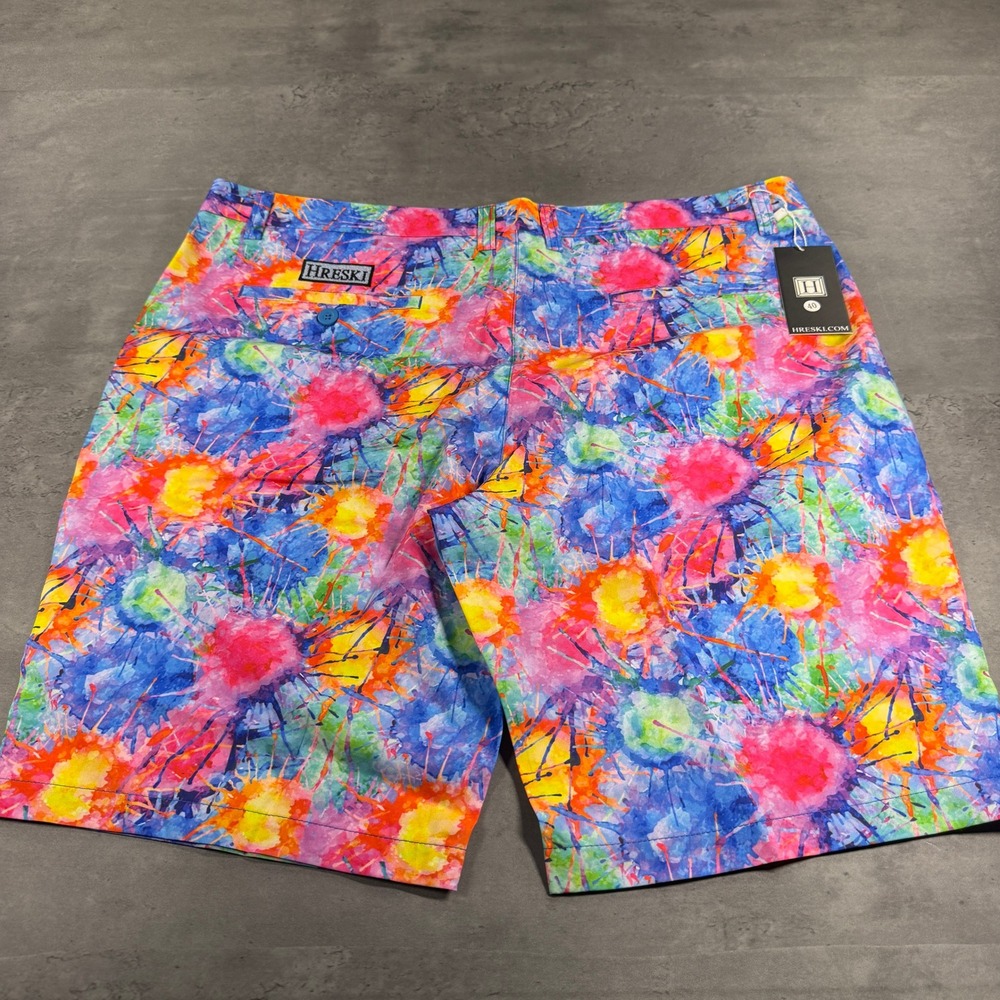 HRESKI Golf Shorts Men's 40 10" Inseam Colorful Paint Splatter Light Breathable